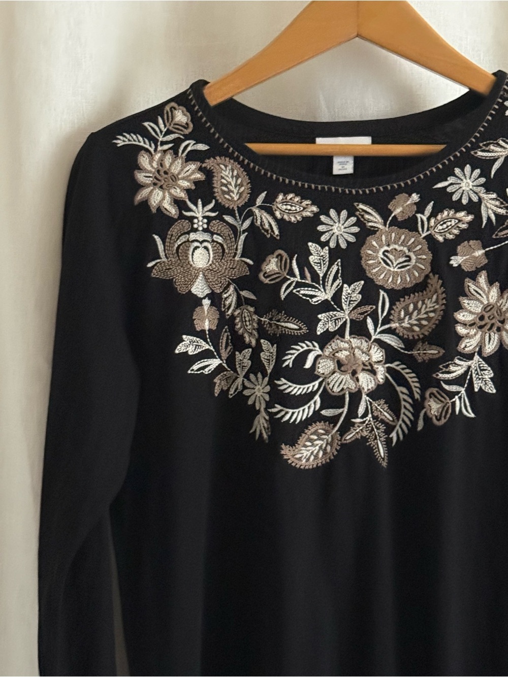 J. Jill Black Long-Sleeve Top with Cream & Taupe Floral Embroidery